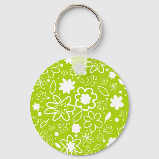 White and Lime Green Floral Pattern Keychain (Front)