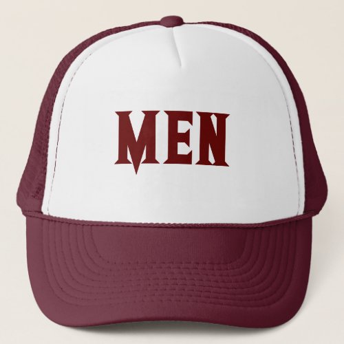White and Maroon Color MEN BOY MEN text  Trucker Hat
