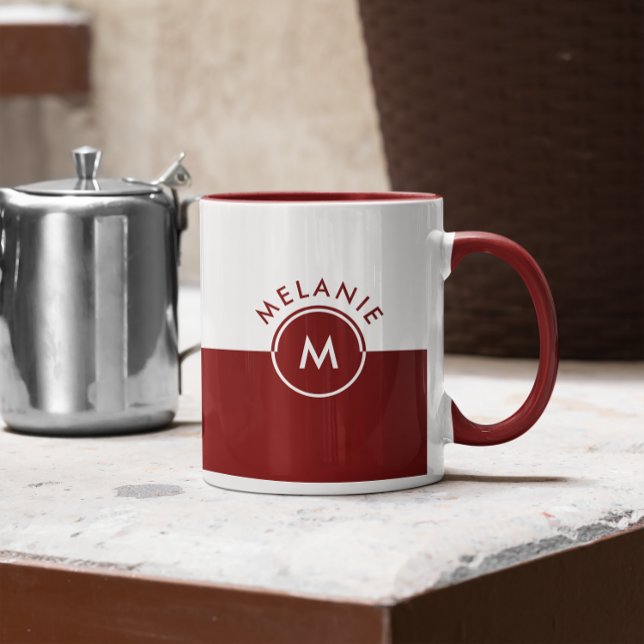 White and maroon split-screen monogram mug (Creator Uploaded)