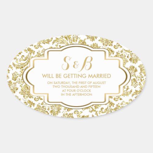 White And Metallic Gold Floral Damasks 3a Pattern Oval Sticker