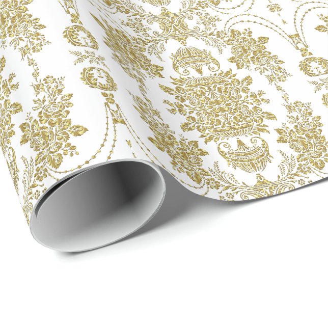White And Metallic Gold Floral Damasks Pattern Wrapping Paper (Roll Corner)