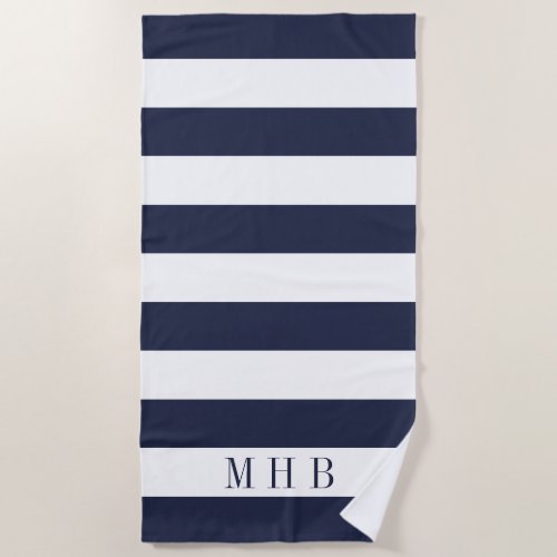 White and Midnight Blue Stripe and Monogram Beach Towel