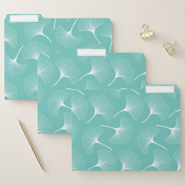 White and mint-green abstract leaves pattern file folder (Set)