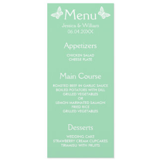 White And Mint Green Butterflies Wedding Menu