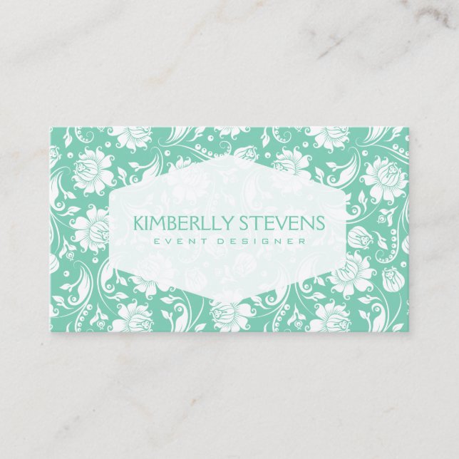 White And Mint-Green Floral Ornate Damasks Business Card (Front)