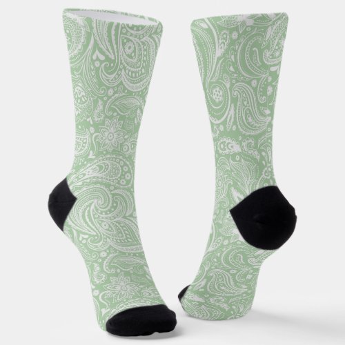 White and mint_green floral paisley pattern socks