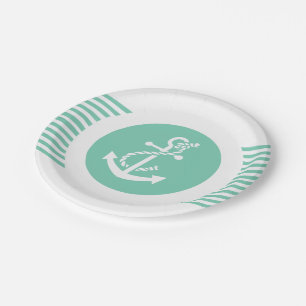 White And Mint Nautical Anchor & Stripes 2 Paper Plates
