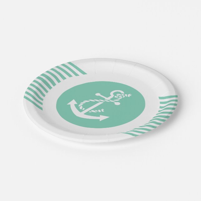 White And Mint Nautical Anchor & Stripes 2 Paper Plates (Angled)