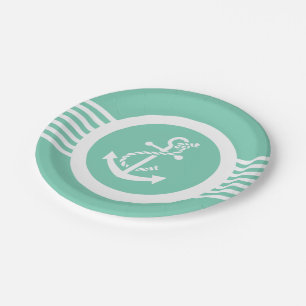White And Mint Nautical Anchor & Stripes Paper Plates