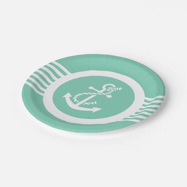 White And Mint Nautical Anchor & Stripes Paper Plates (Angled)