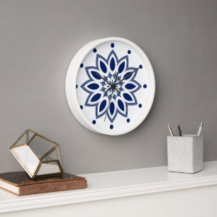 White and Navy Blue Abstract Flower Pattern Clock