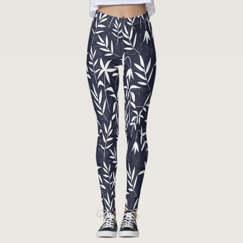 White and navy_blue bamboo leaves Japanese pattern Leggings