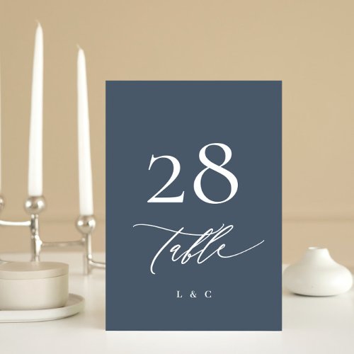 White and Navy Blue Calligraphy Modern Wedding Table Number