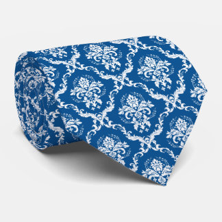 White and Navy Blue Floral Damask Pattern Neck Tie