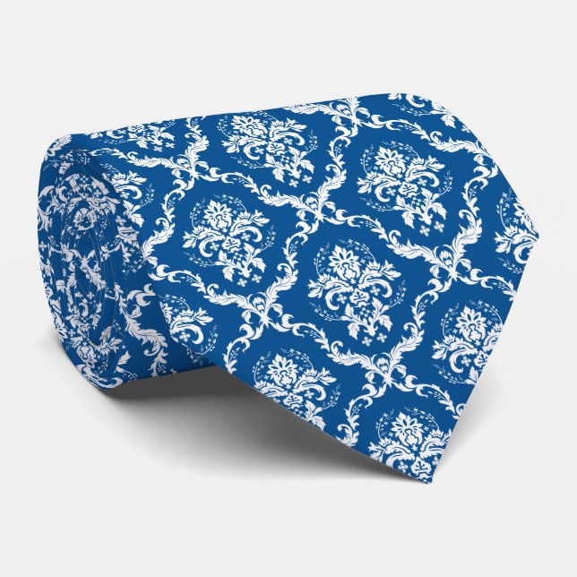 White and Navy Blue Floral Damask Pattern Neck Tie (Rolled)