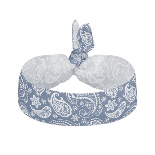 White And Navy Blue Floral Vintage Paisley Pattern Ribbon Hair Tie