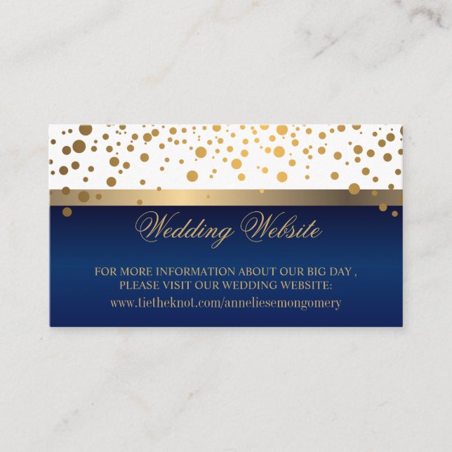 White and Navy Blue Gold Confetti Dots Website Enclosure Card (Front)