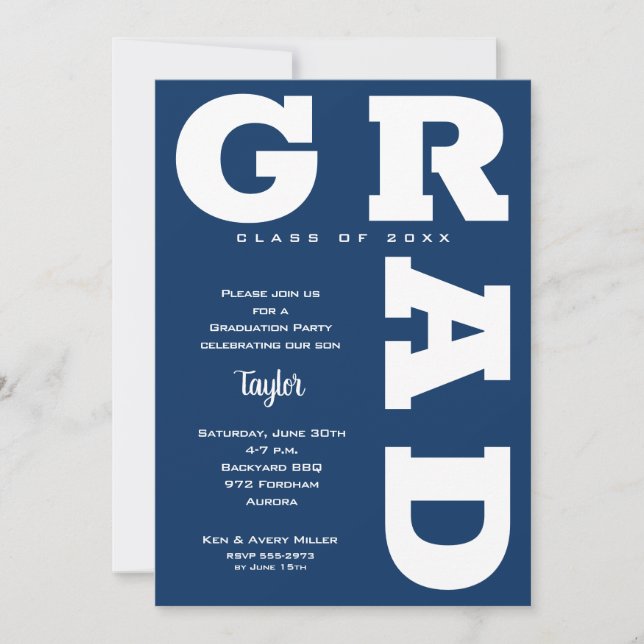White and Navy Blue Graduation Party Invitation (Front)