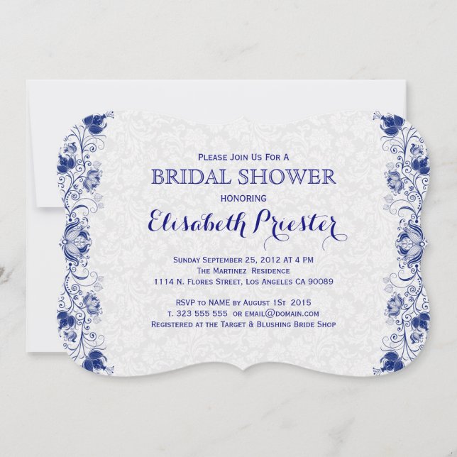 White And Navy Blue Lace Bridal Shower Invite 2 (Front)