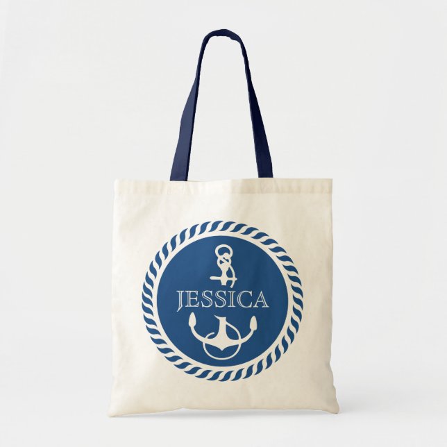 White And Navy Blue Nautical Boat Anchor Tote Bag (Front)