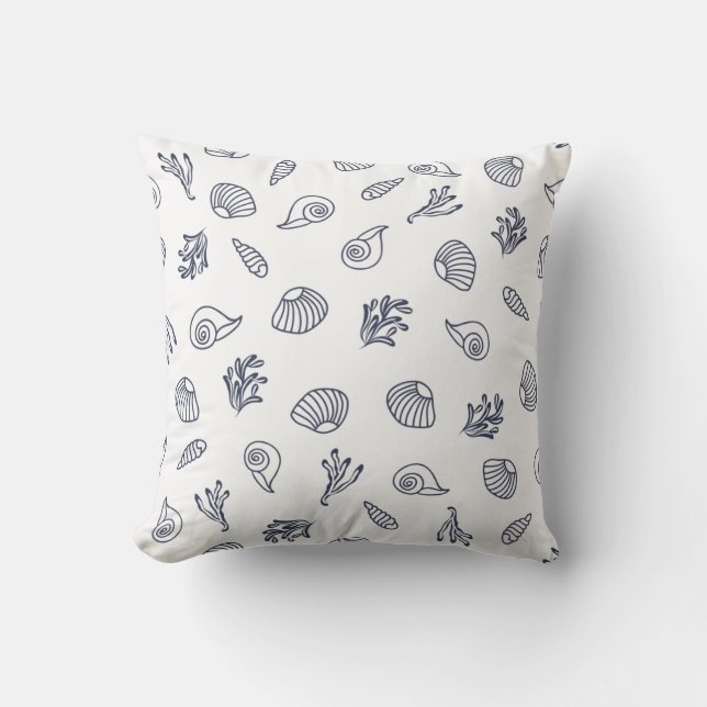 White and Navy Blue Seashells Coastal Outdoor Pillow (Front)