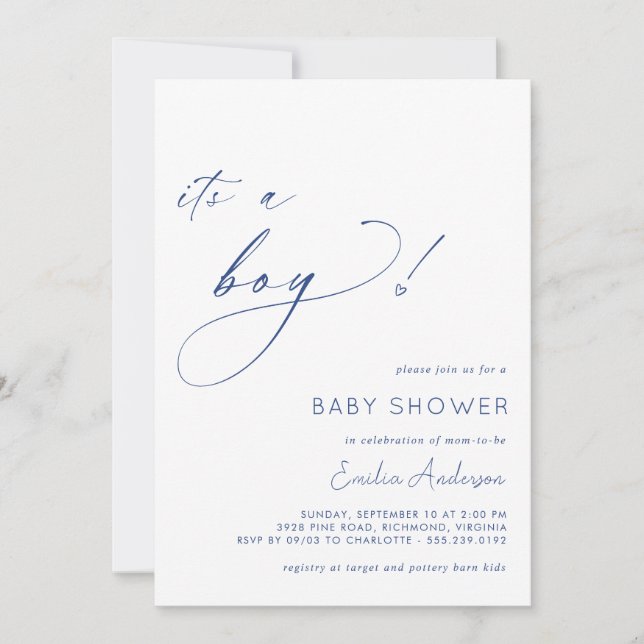 White and Navy Blue Simple It's a Boy Baby Shower Invitation (Front)