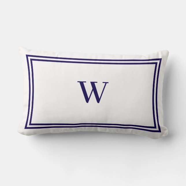  White and Navy Blue Stripe Border Monogram Lumbar Pillow (Back)