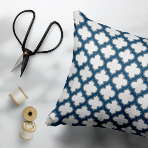 White and Navy Blue Trellis, Lattice, Quatrefoil Accent Pillow