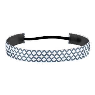 White and Navy Blue Trellis, Lattice, Quatrefoil Athletic Headband