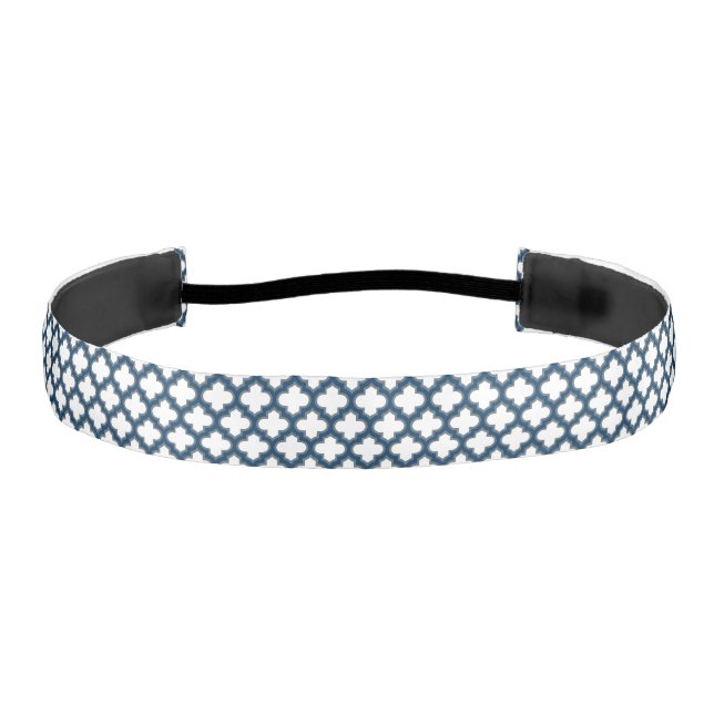White and Navy Blue Trellis, Lattice, Quatrefoil Athletic Headband (Front)
