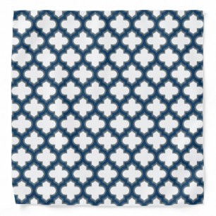 White and Navy Blue Trellis, Lattice, Quatrefoil Bandana