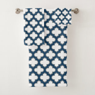 White and Navy Blue Trellis, Lattice, Quatrefoil Bath Towel Set