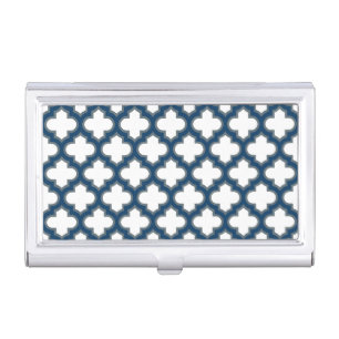 White and Navy Blue Trellis, Lattice, Quatrefoil Business Card Case