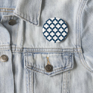 White and Navy Blue Trellis, Lattice, Quatrefoil Button