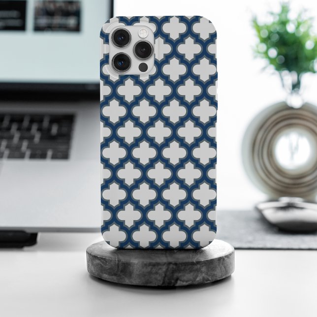 White and Navy Blue Trellis, Lattice, Quatrefoil Case-Mate iPhone Case (Creator Uploaded)