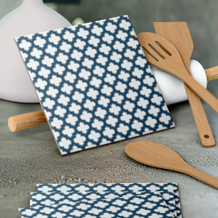 White and Navy Blue Trellis, Lattice, Quatrefoil Ceramic Tile