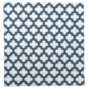 White and Navy Blue Trellis, Lattice, Quatrefoil Cloth Napkin