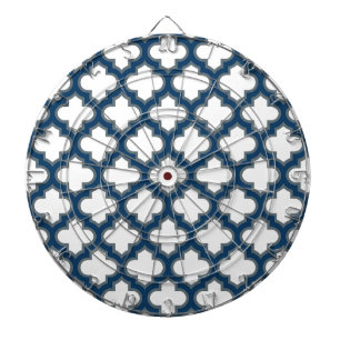 White and Navy Blue Trellis, Lattice, Quatrefoil Dart Board