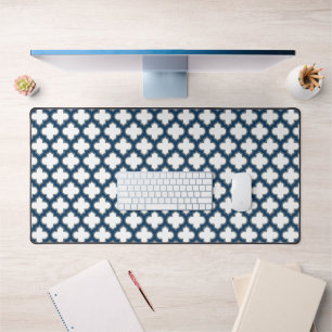 White and Navy Blue Trellis, Lattice, Quatrefoil Desk Mat