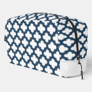 White and Navy Blue Trellis, Lattice, Quatrefoil Dopp Kit