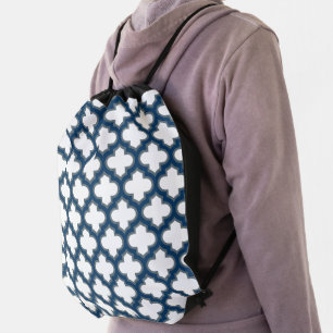 White and Navy Blue Trellis, Lattice, Quatrefoil Drawstring Bag