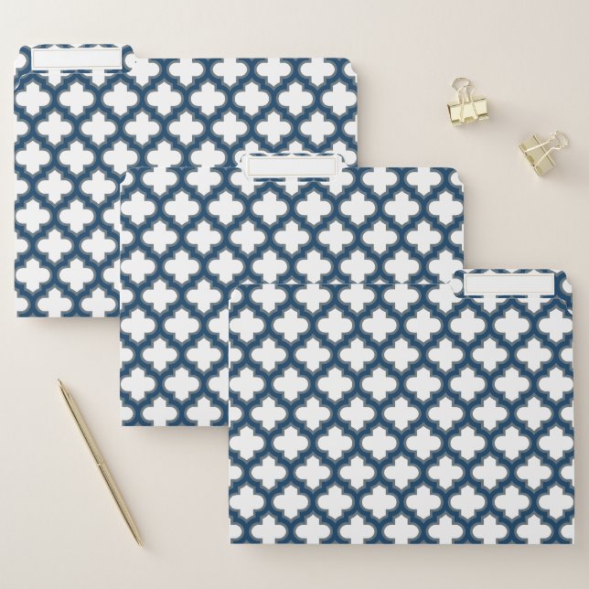 White and Navy Blue Trellis, Lattice, Quatrefoil File Folder (Set)