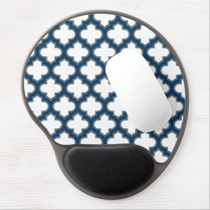 White and Navy Blue Trellis, Lattice, Quatrefoil Gel Mouse Pad
