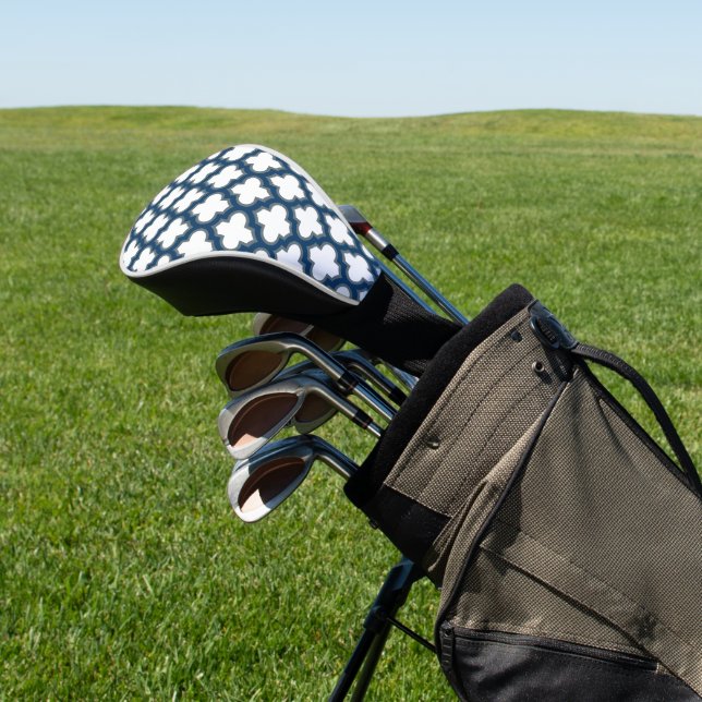 White and Navy Blue Trellis, Lattice, Quatrefoil Golf Head Cover (In Situ)