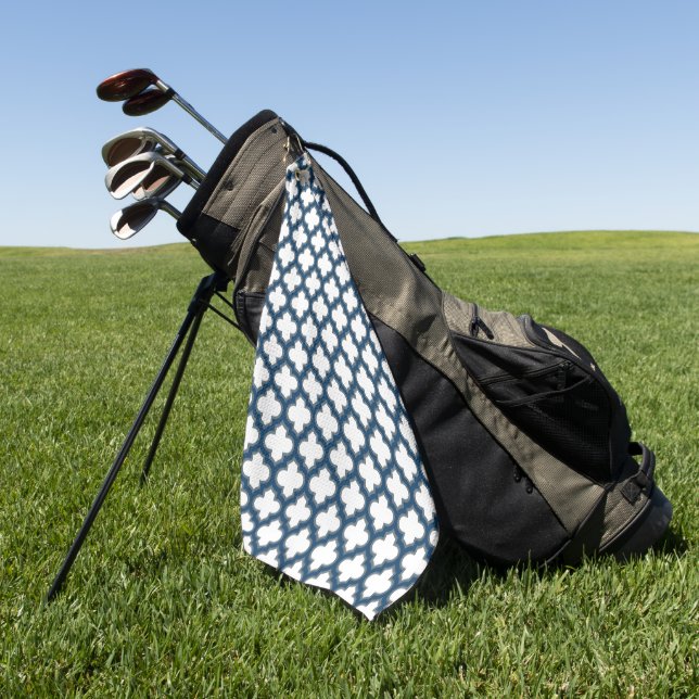 White and Navy Blue Trellis, Lattice, Quatrefoil Golf Towel (Green)