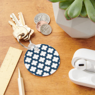 White and Navy Blue Trellis, Lattice, Quatrefoil Keychain