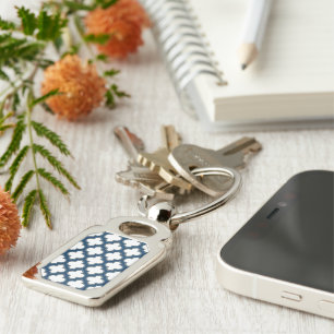 White and Navy Blue Trellis, Lattice, Quatrefoil Keychain