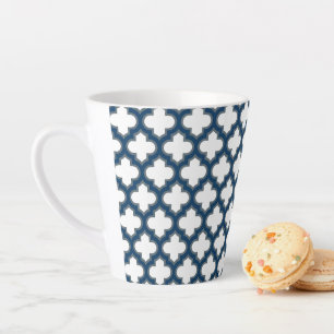 White and Navy Blue Trellis, Lattice, Quatrefoil Latte Mug