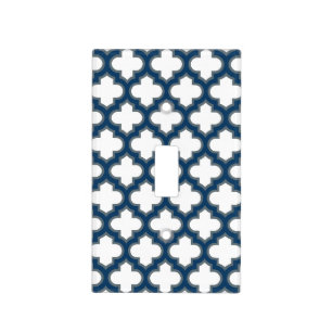 White and Navy Blue Trellis, Lattice, Quatrefoil Light Switch Cover