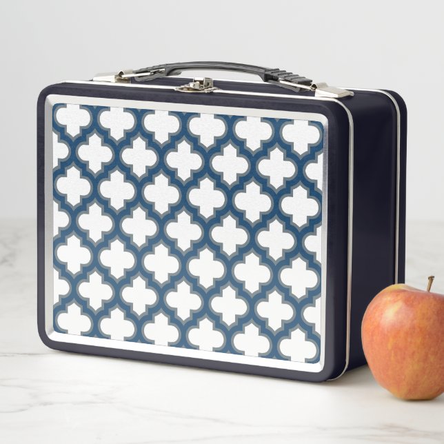 White and Navy Blue Trellis, Lattice, Quatrefoil Metal Lunch Box (In Situ)